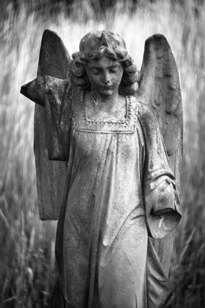 Angel statue with blurred out grasses in the background, black and white.