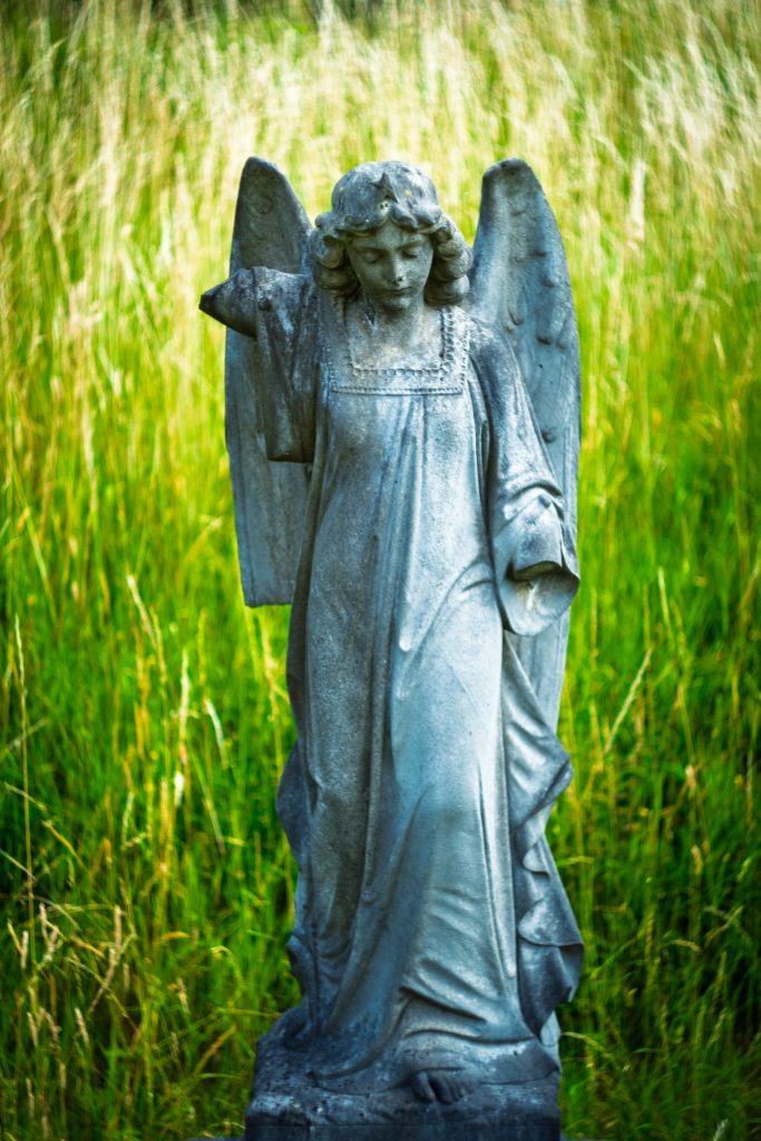 Angel statue with vivid green and yellow grasses behind.